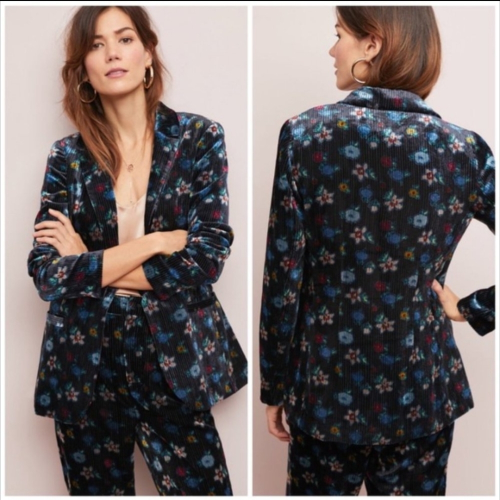 Anthropologie Black Floral Velvet Blazer